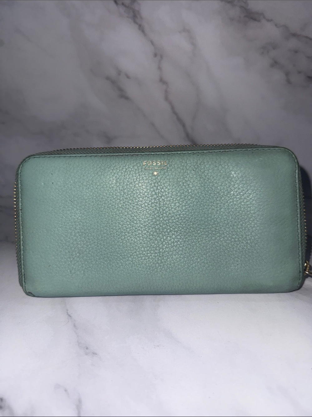 Fossil Zip-Around Wallet in Mint Green Pebbled Leather